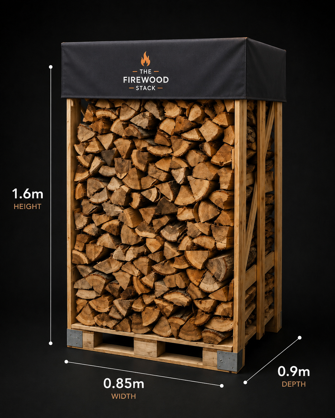 The Firewood Stack product showing dimensions: 1.6m height, 0.85m width, 0.9m depth