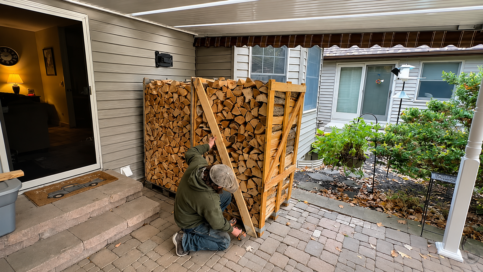 Firewood Stack unwrapped against the side of a home, ready to use